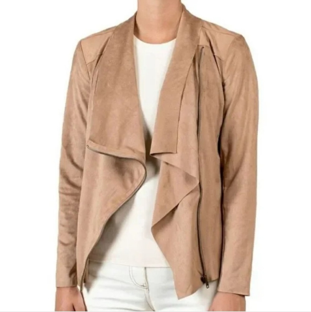 Mote Tan Faux Suede Waterfall Zippered Asymmetrical Moto Jacket Size XL